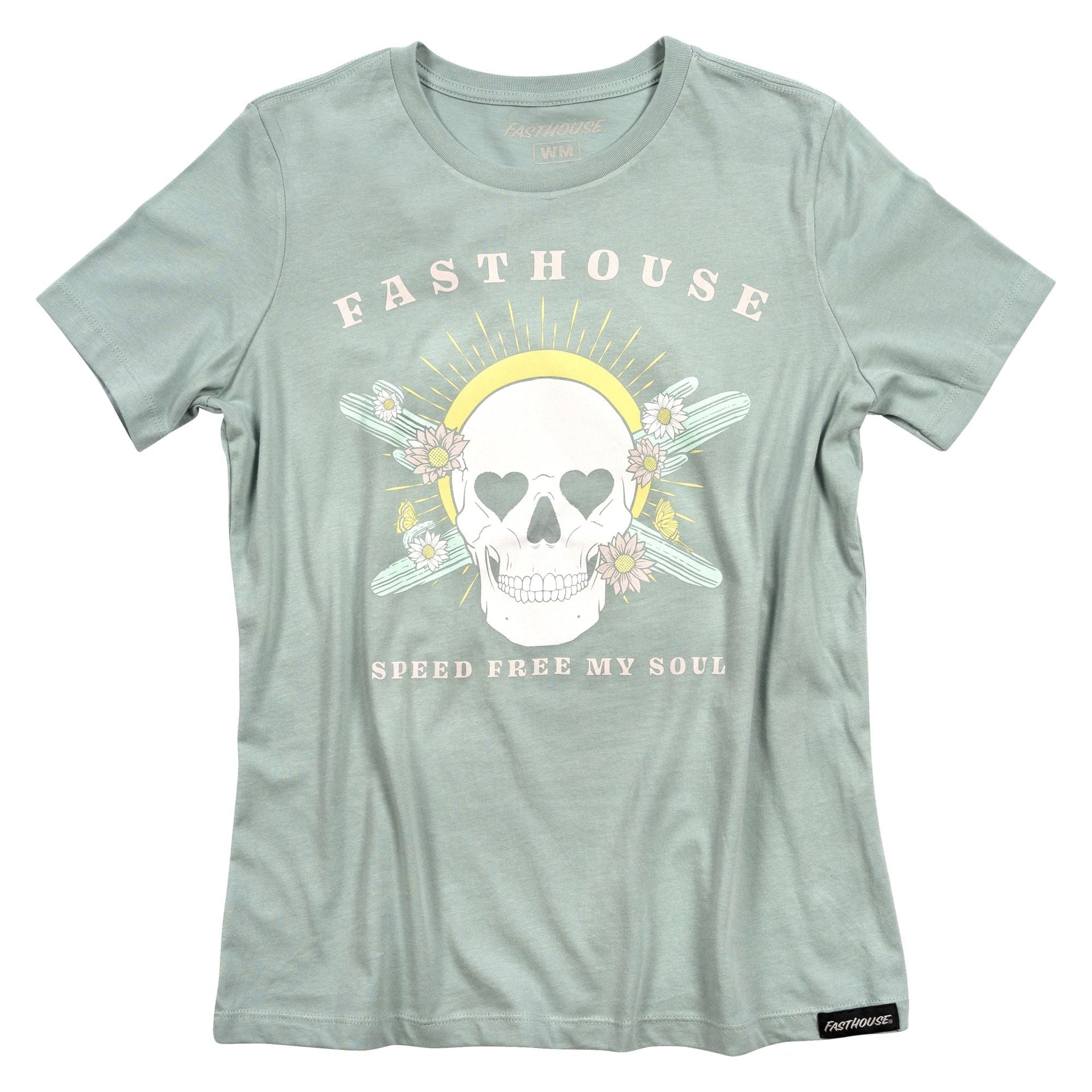 Women's dust blue short-sleeve graphic tee with skull floral and text design