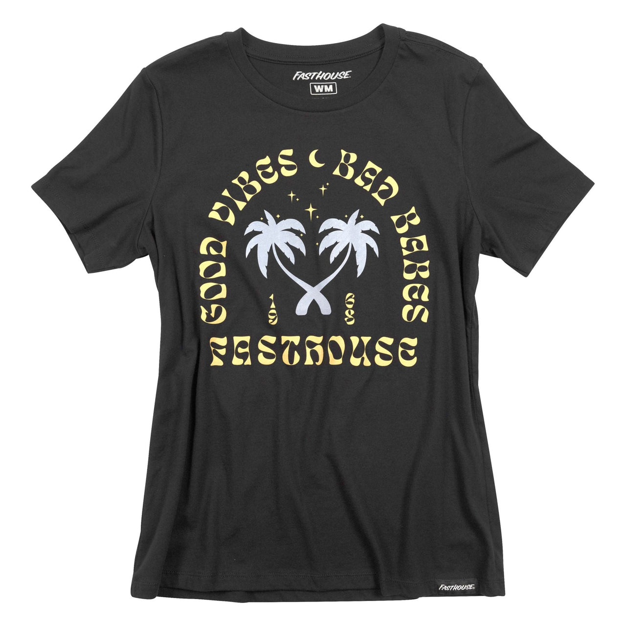 Women's black mineral-wash graphic short-sleeve tee with bold front logo print