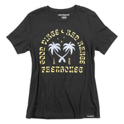 Women's black mineral-wash graphic short-sleeve tee with bold front logo print