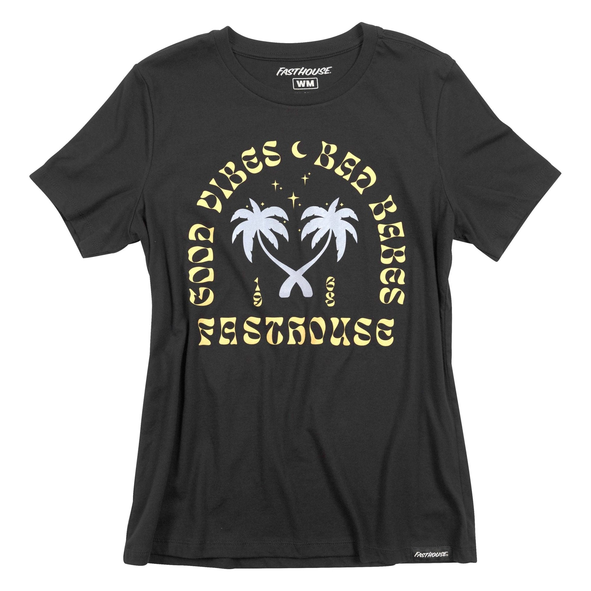 Women's black mineral-wash graphic short-sleeve tee with bold front logo print