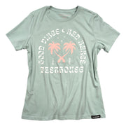 Women's dust-blue short-sleeve graphic tee with palm-and-logo print