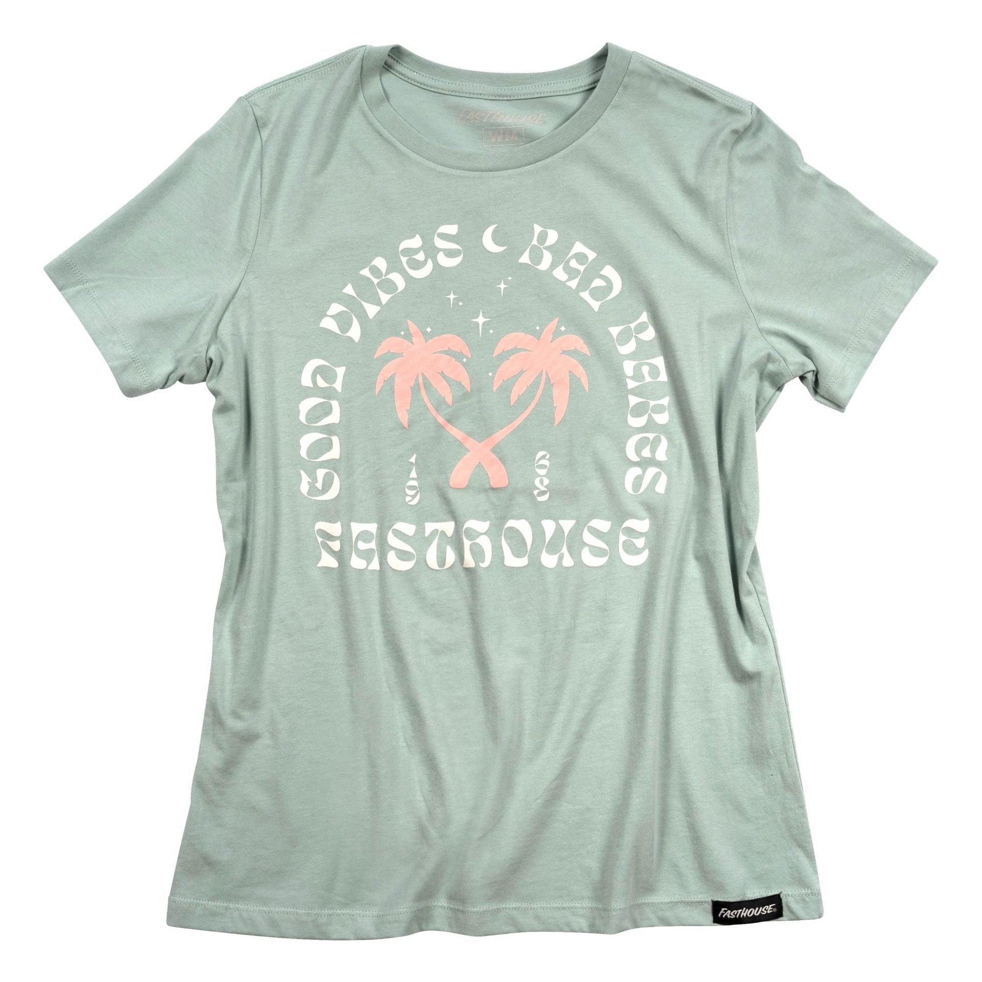 Women's dust-blue short-sleeve graphic tee with palm-and-logo print