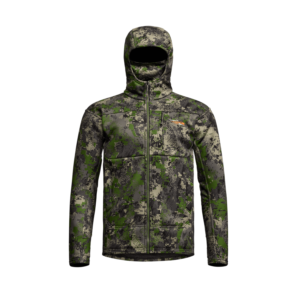 Green and gray camouflage zip-up hooded jacket with front chest pocket.