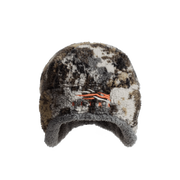 Fleece beanie hat in brown and gray camouflage with orange logo patch
