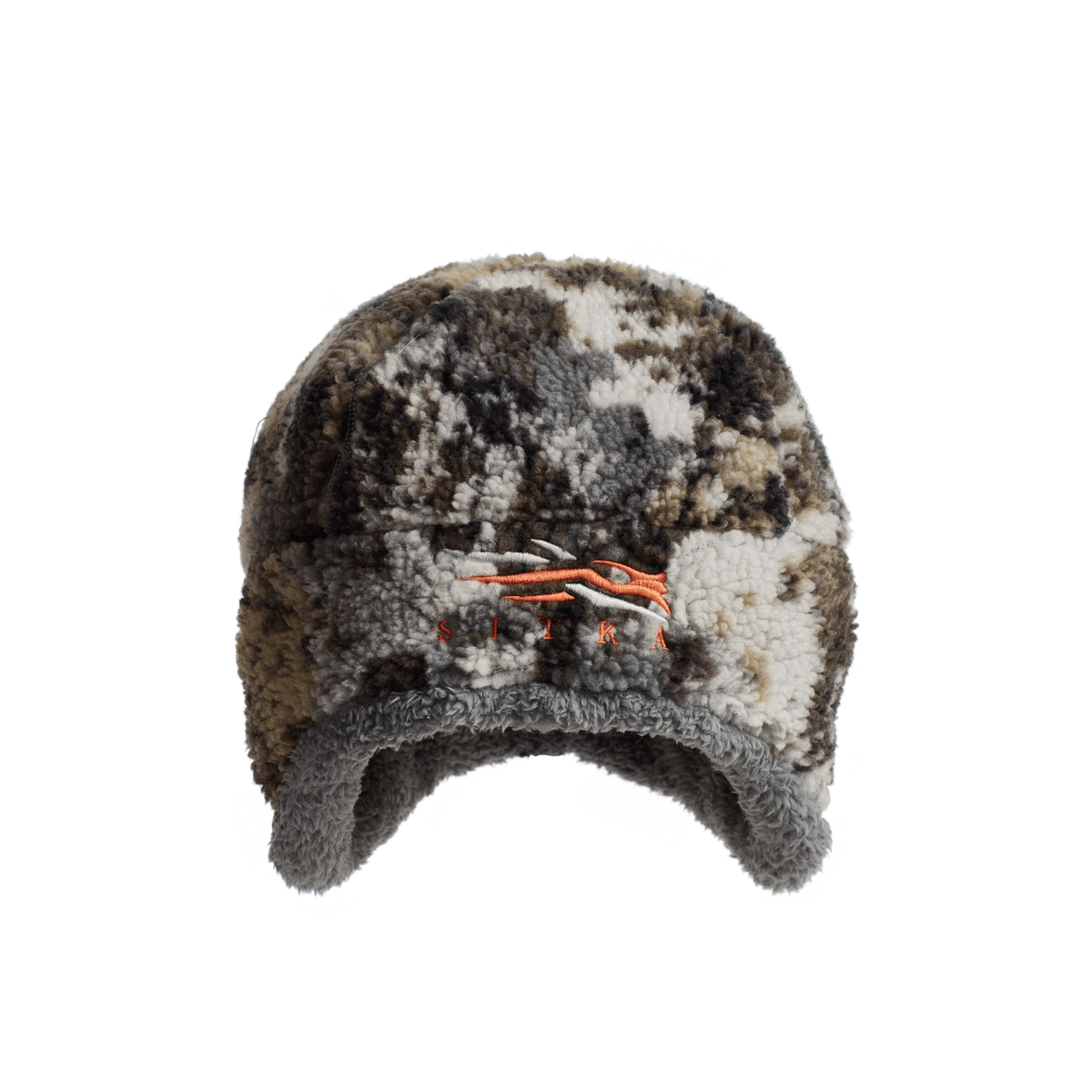 Fleece beanie hat in brown and gray camouflage with orange logo patch