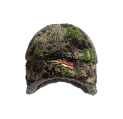 Fleece beanie hat in green and dark brown camo with orange stitched logo