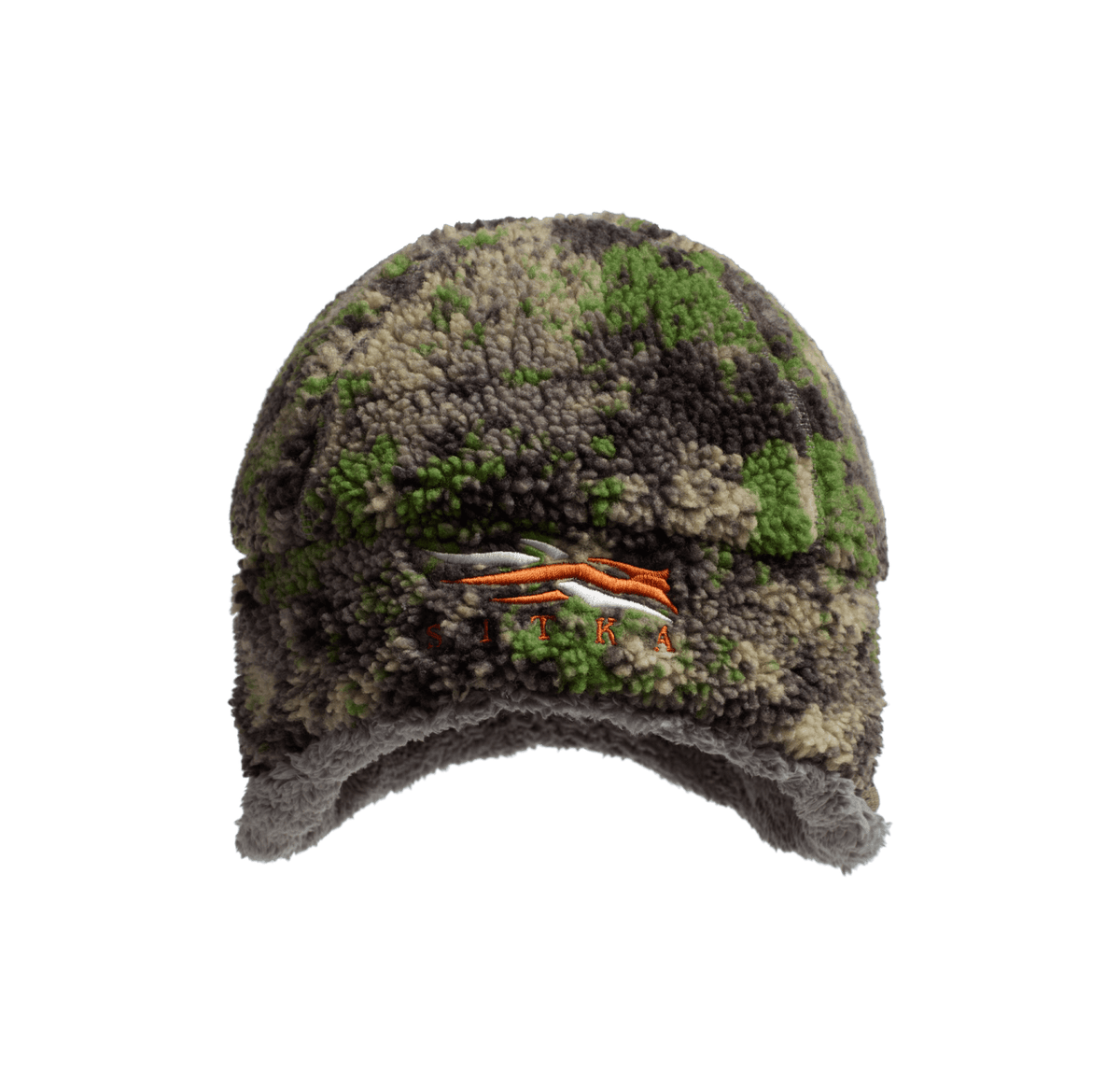 Fleece beanie hat in green and dark brown camo with orange stitched logo