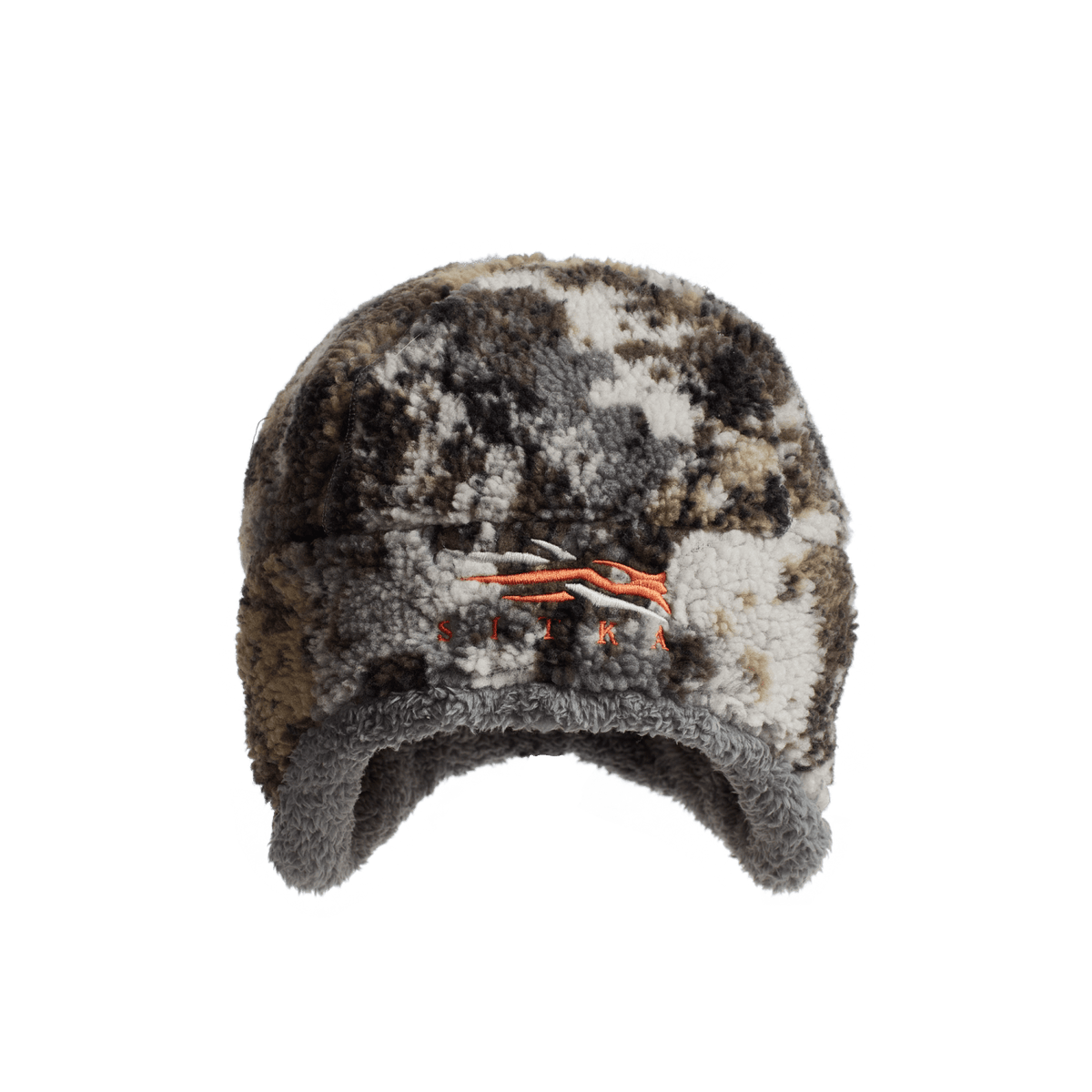Fleece beanie hat in brown and white camouflage with orange logo patch