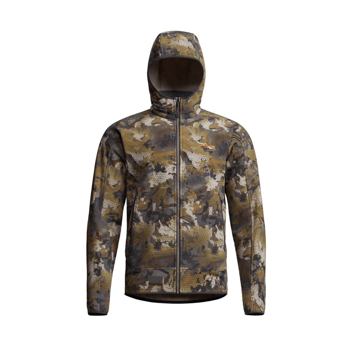 Alpha fleece hooded jacket, full-zip camouflage with front pockets and adjustable hood