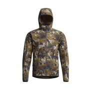 Full-zip fleece hooded jacket in mottled desert camouflage pattern