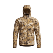 Camo fleece hooded jacket, tan and brown pattern, full-zip front and hood