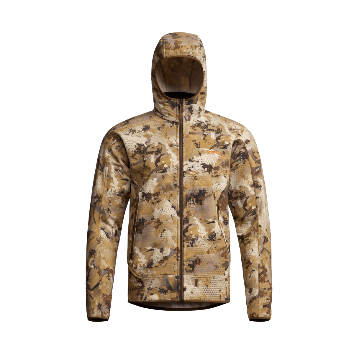 Camo fleece hooded jacket, tan and brown pattern, full-zip front and hood