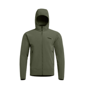 Men's olive green fleece hooded jacket, front view with chest logo and zip