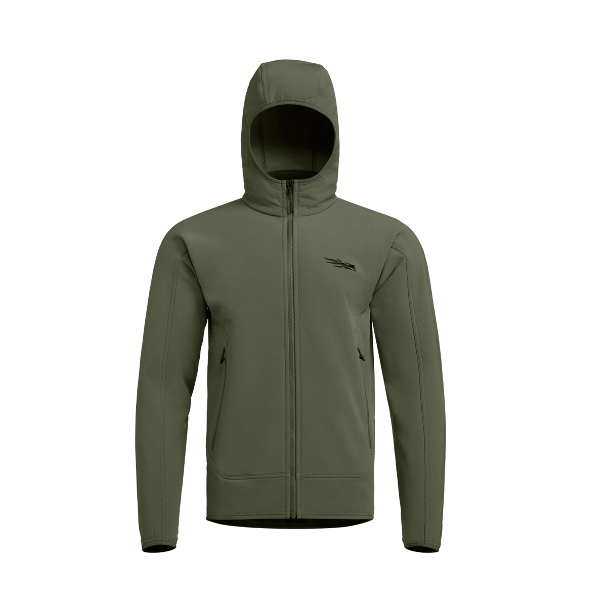 Men's olive green fleece hooded jacket, front view with chest logo and zip