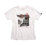 White youth short-sleeve graphic tee with glitch collage front print