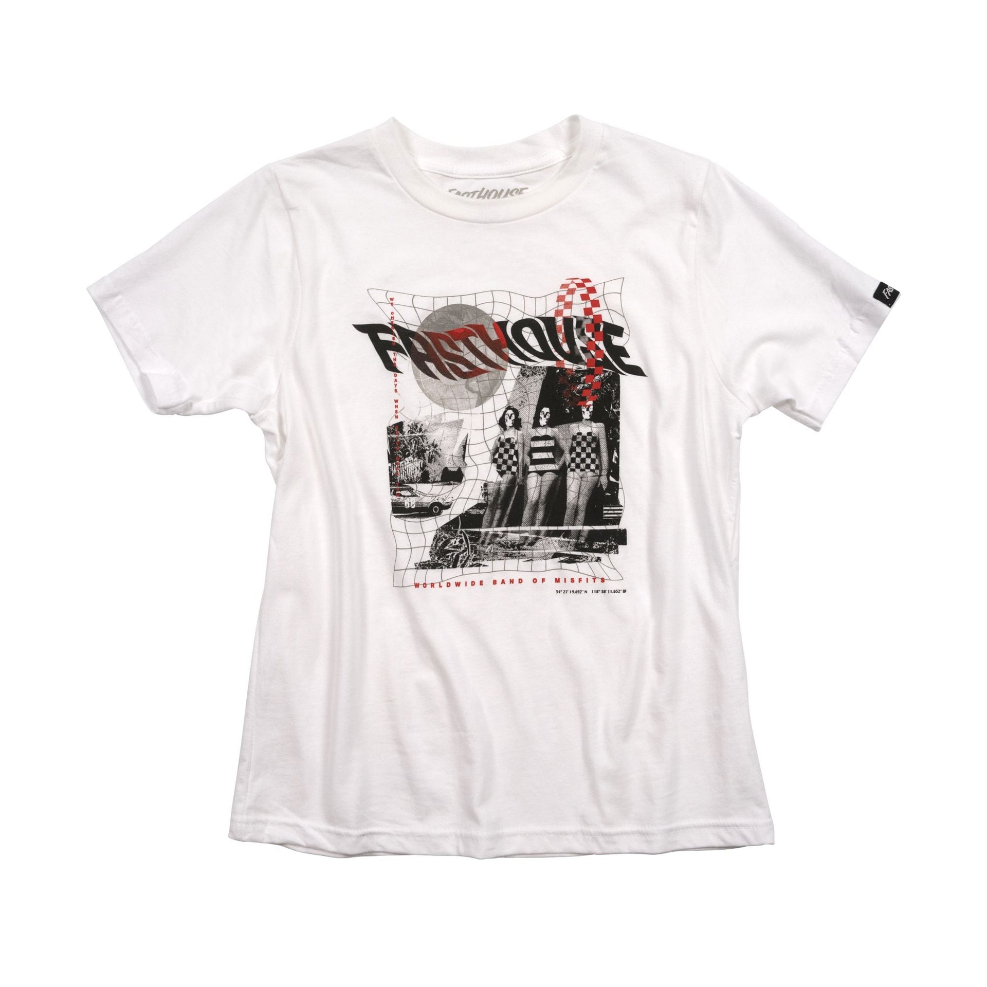 White youth short-sleeve graphic tee with glitch collage front print