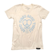 Girls natural short-sleeve T-shirt with blue peace-sign graphic and brand logo