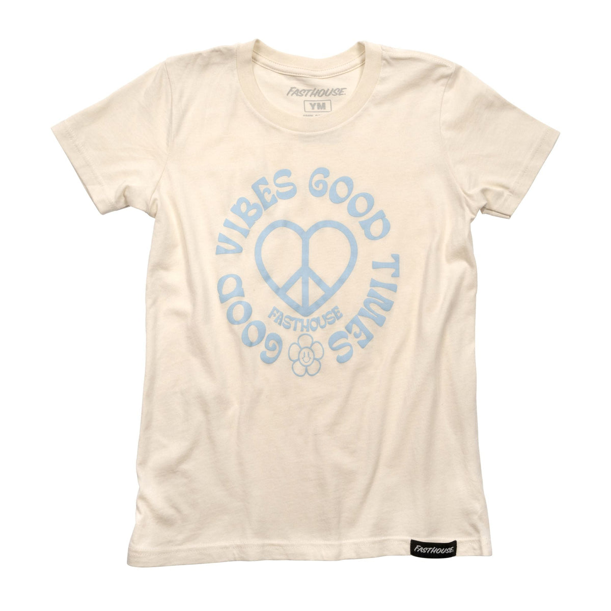 Girls natural short-sleeve T-shirt with blue peace-sign graphic and brand logo