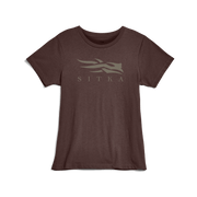 Women's icon T-shirt in dark brown, crew neck, short sleeves, front graphic logo.