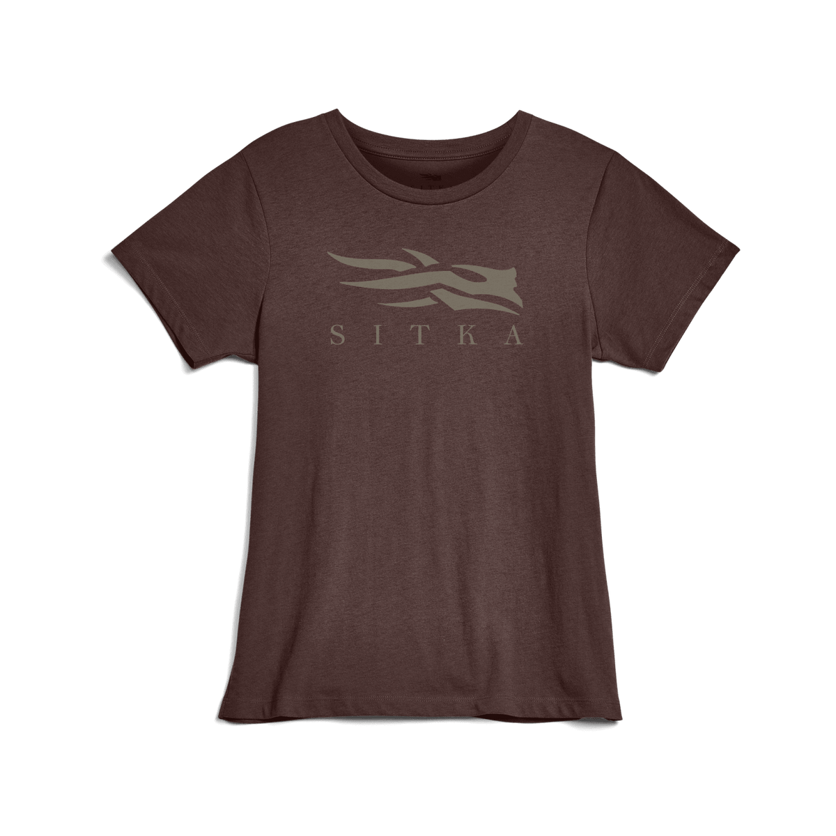 Women's icon T-shirt in dark brown, crew neck, short sleeves, front graphic logo.
