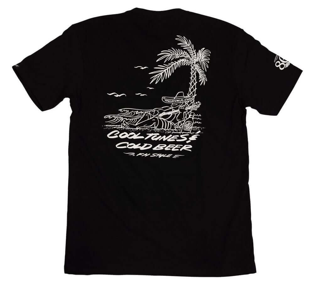 Black crew-neck tee with white palm tree graphic