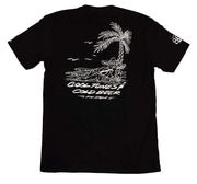 Black crew-neck tee with white palm tree graphic