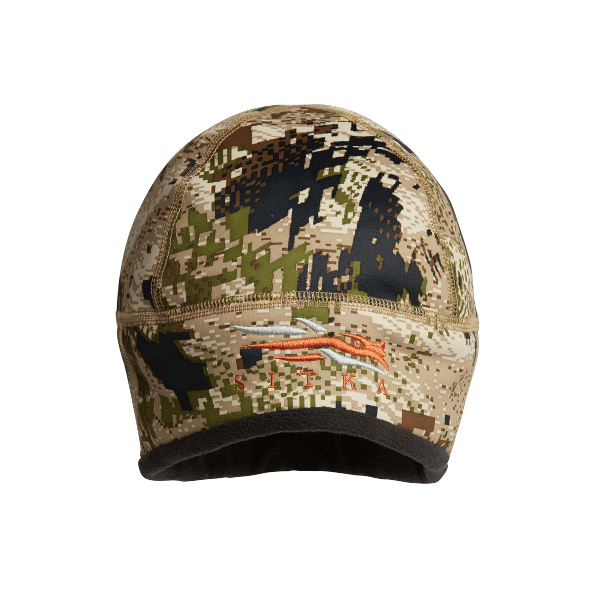 Women’s camouflage beanie in tan and dark brown pixel pattern with black knit cuff