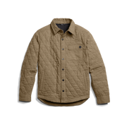 Men's quilted shirt jacket in coyote heather, front view, quilted diamond pattern