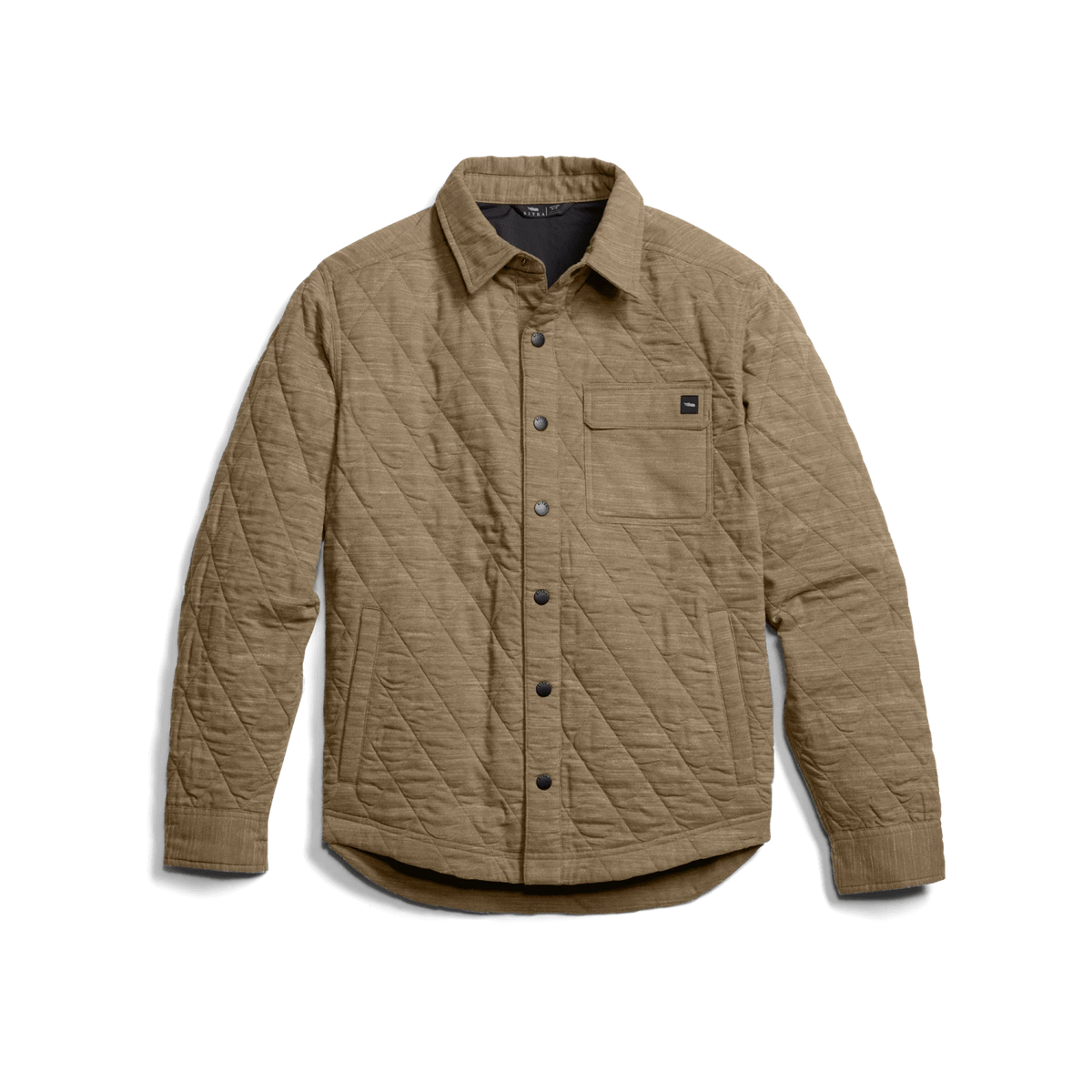 Men's quilted shirt jacket in coyote heather, front view, quilted diamond pattern
