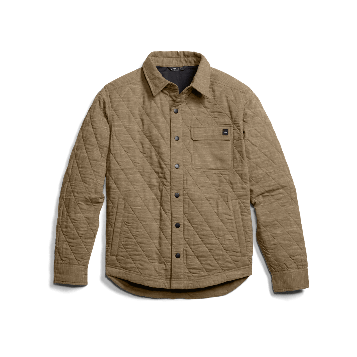 Men's quilted shirt jacket in coyote heather, front view, classic collar and buttons