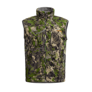 Green-and-gray camouflage full-zip hunting vest with stand collar and front pockets