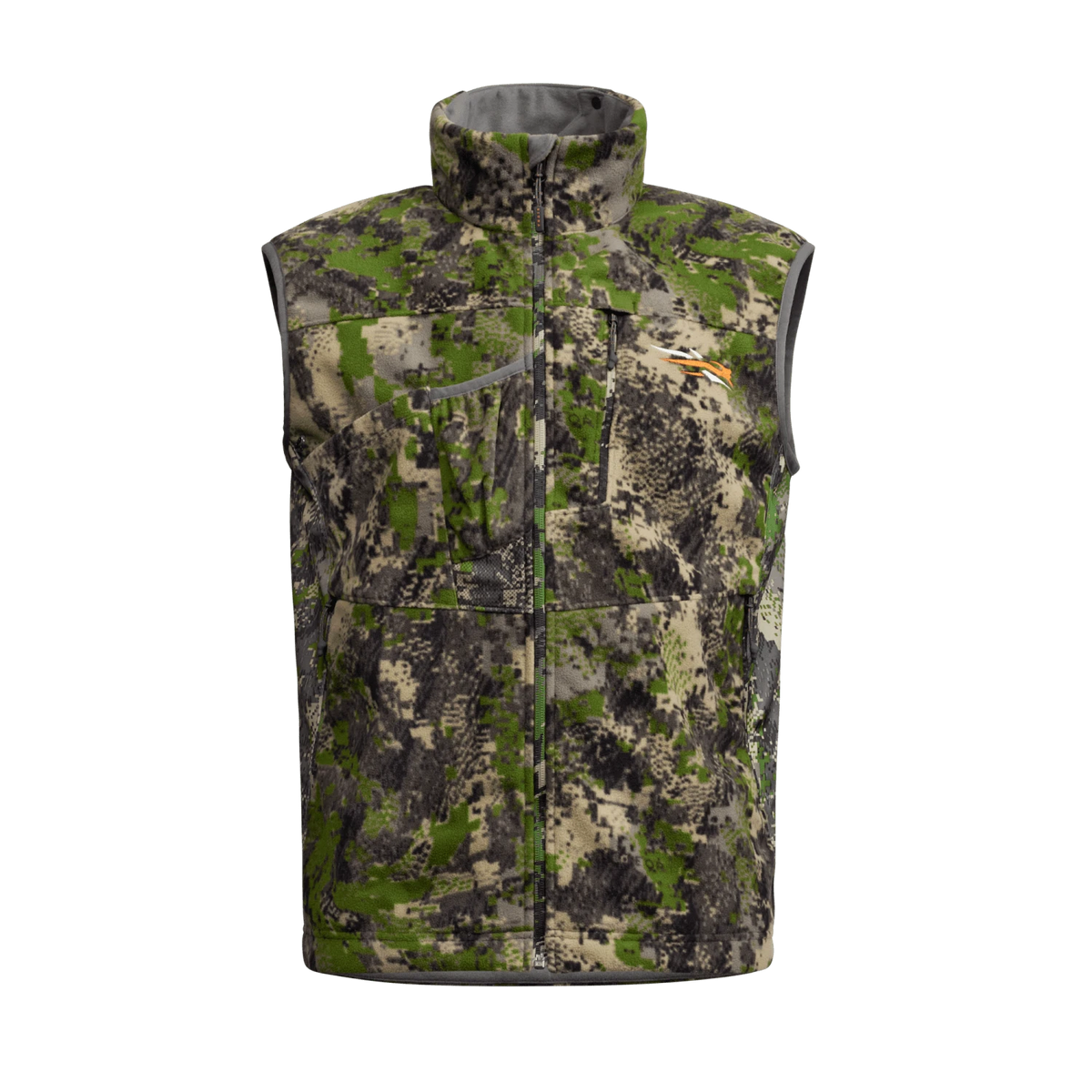 Green-and-gray camouflage full-zip hunting vest with stand collar and front pockets