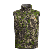 Green camouflage sleeveless vest with full-zip front and high stand collar