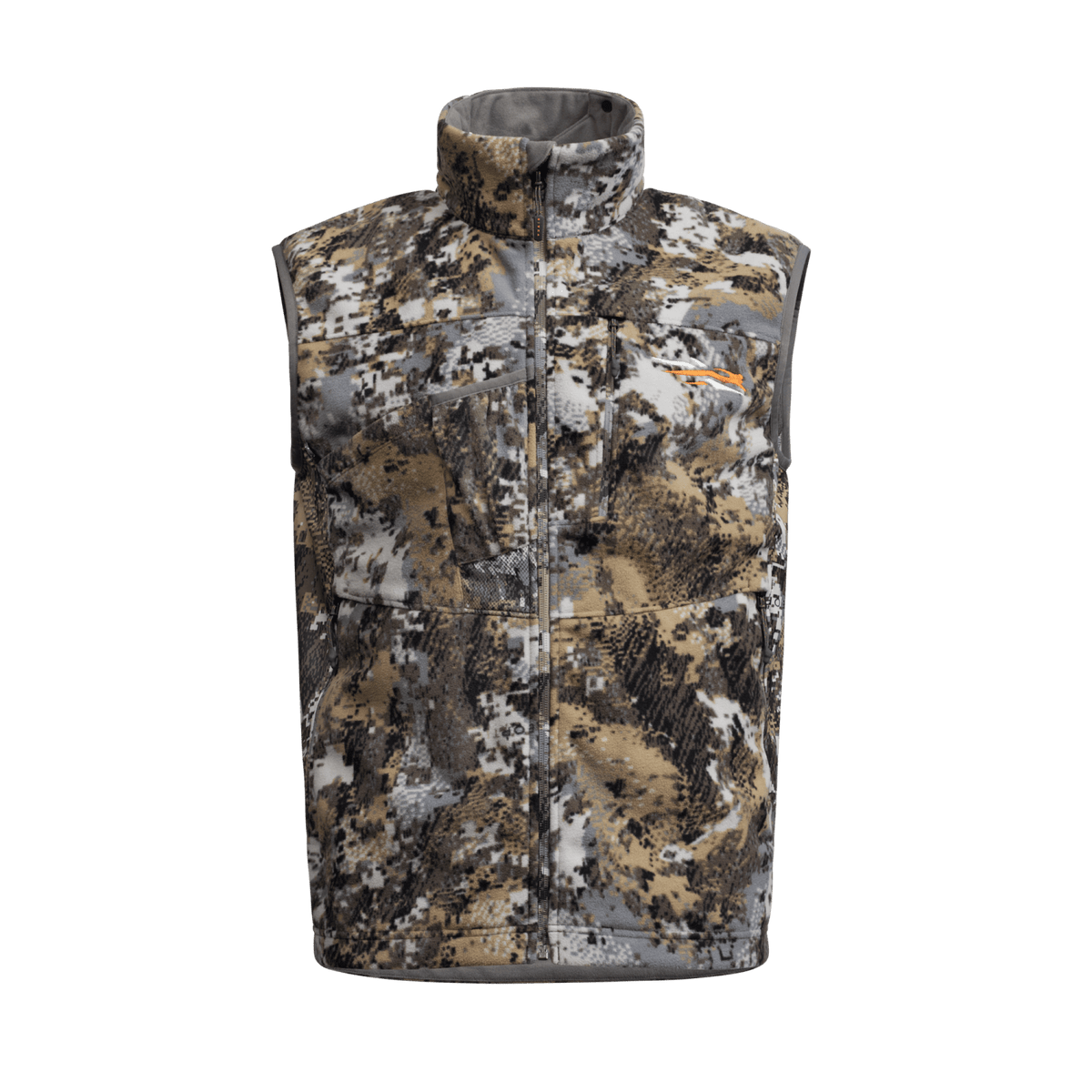 Tan-and-gray camouflage full-zip hunting vest with high collar, front view