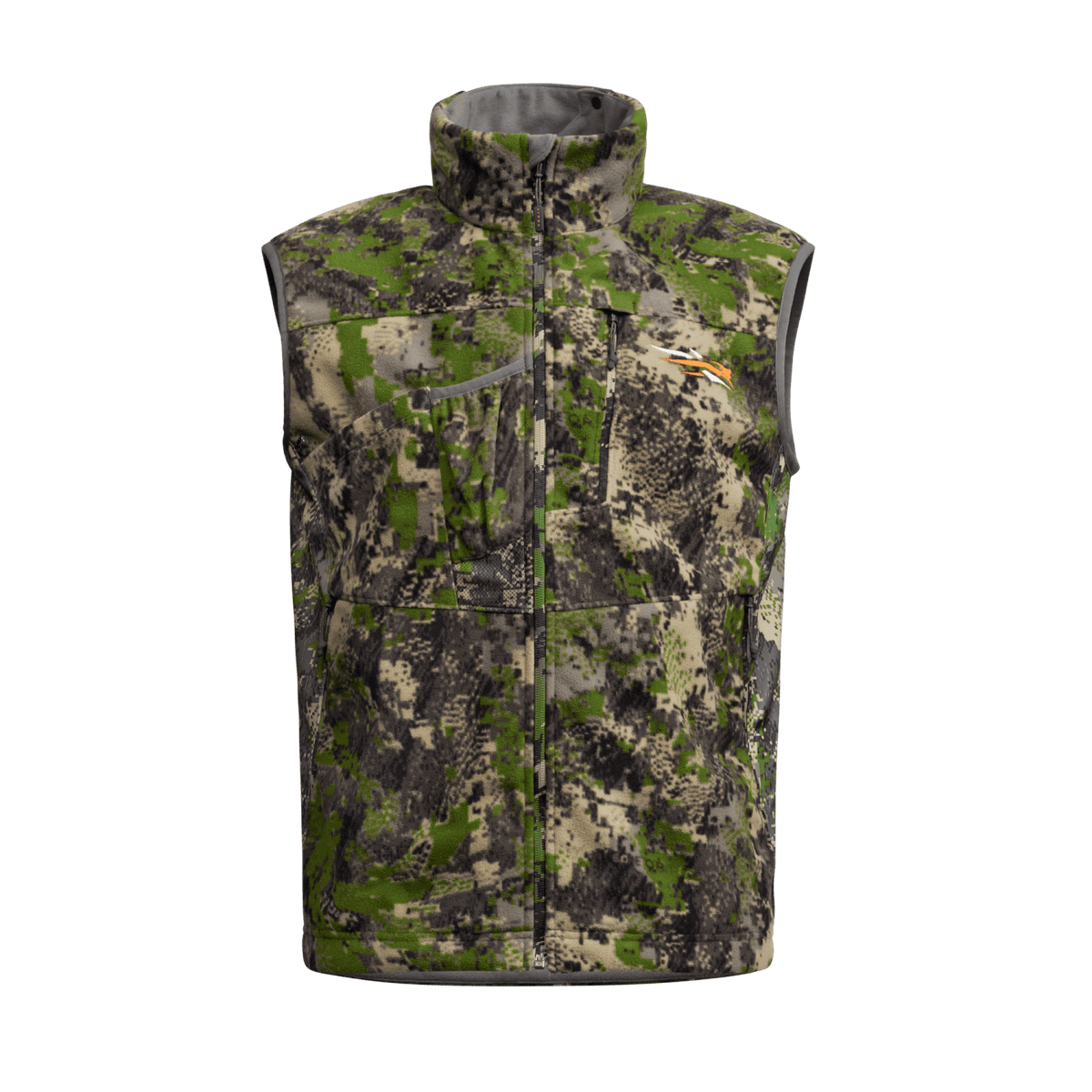 Camouflage sleeveless hunting vest with full-zip front and stand collar