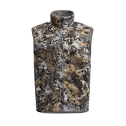 Tan and white camouflage hunting vest with full-zip front and high stand collar