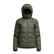 Women’s olive green hooded microdown jacket with full-zip and padded sleeves.