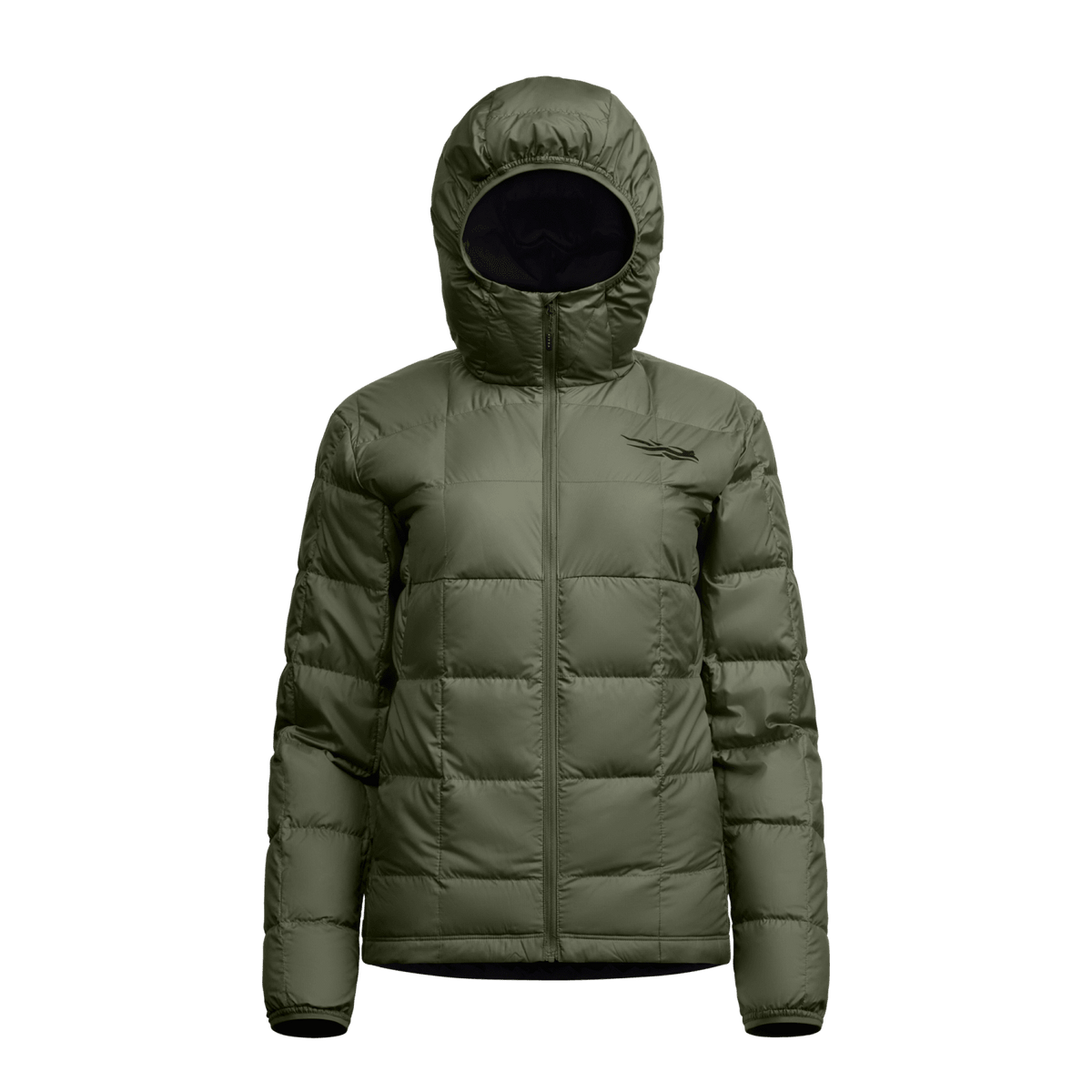 Women’s olive green hooded microdown jacket with full-zip and padded sleeves.