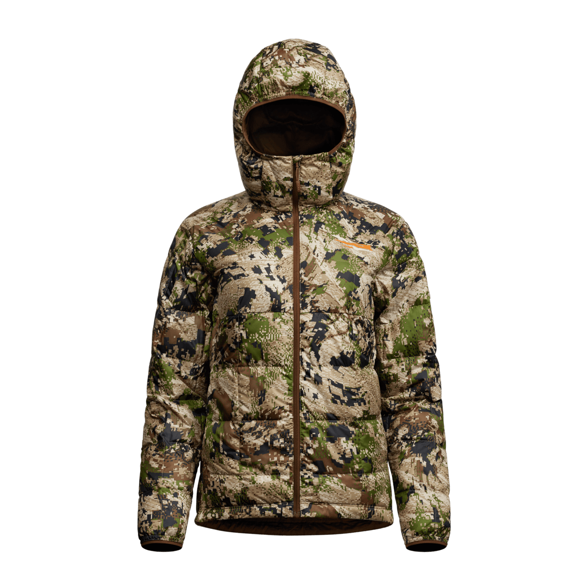 Women’s microdown hooded jacket in camouflage print, full-zip with adjustable hood