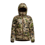 Camouflage microdown hooded puffer jacket with full zipper and quilted construction