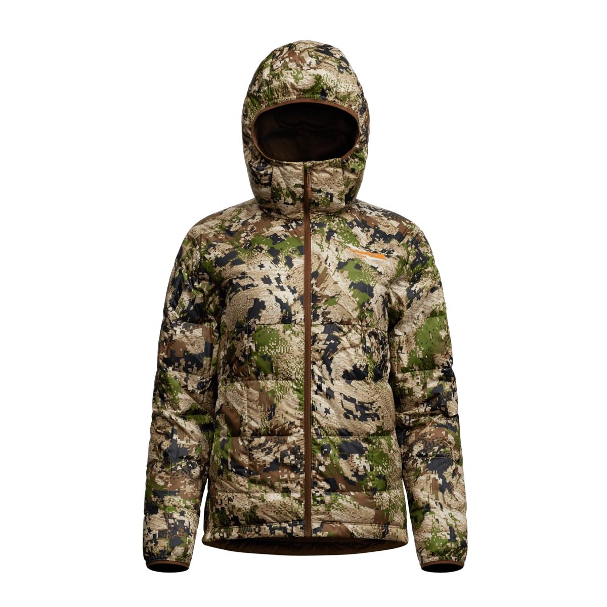 Camouflage microdown hooded puffer jacket with full zipper and quilted construction