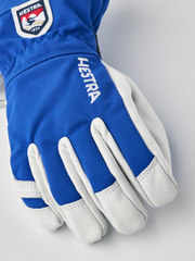 Kids ski gloves in royal blue with white leather palms and stitched accents