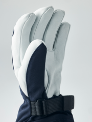 Hestra junior ski gloves in light blue-gray with dark navy palm panel and wrist strap