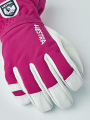 Fuchsia ski junior glove with white palm panels and HESTRA logo embroidery