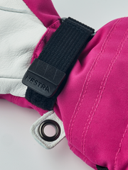 Pink ski junior glove wrist strap buckle with metal ring pull tab