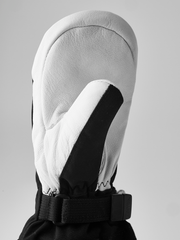 White and black junior ski gloves with black wrist strap and padded leather palm