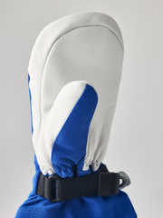 White and blue junior ski gloves with black wrist strap and leather palm