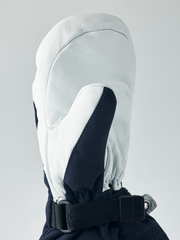 Junior ski glove in white leather with dark palm panel and black wrist strap