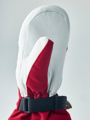 Kids ski mittens with white leather palm, red fabric accent, and black wrist strap