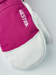 Kids ski mitten palm in white leather with magenta back and HESTRA logo patch